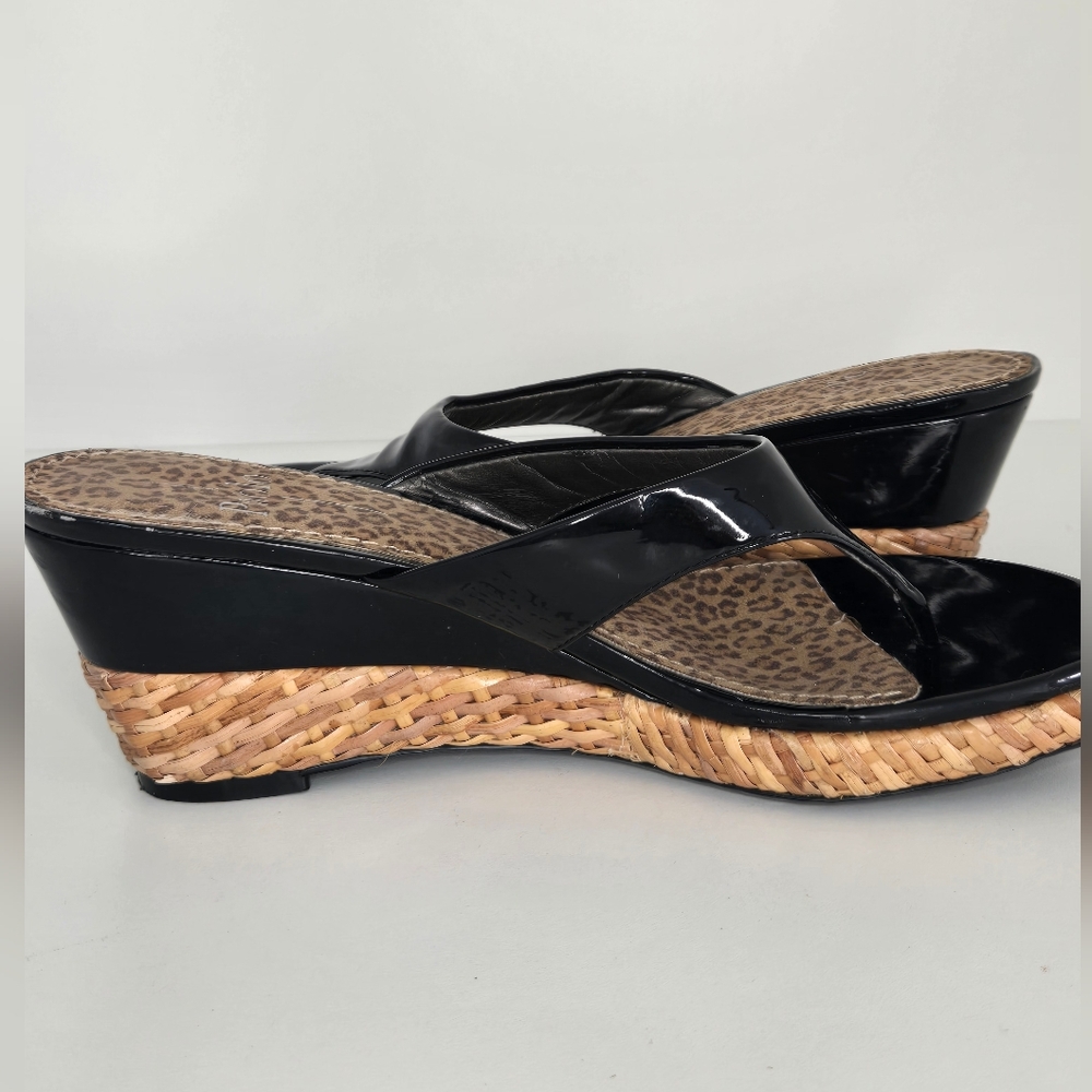 Paolo Black Patent Wedge Sandals Leopard Footbed Thong 3” Heel - Picture 4 of 11